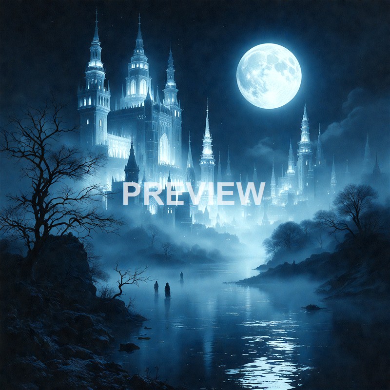 A mystical, illuminated castle with multiple spires is set against a large, bright full moon in a foggy, dark landscape with barren trees and a reflective body of water.